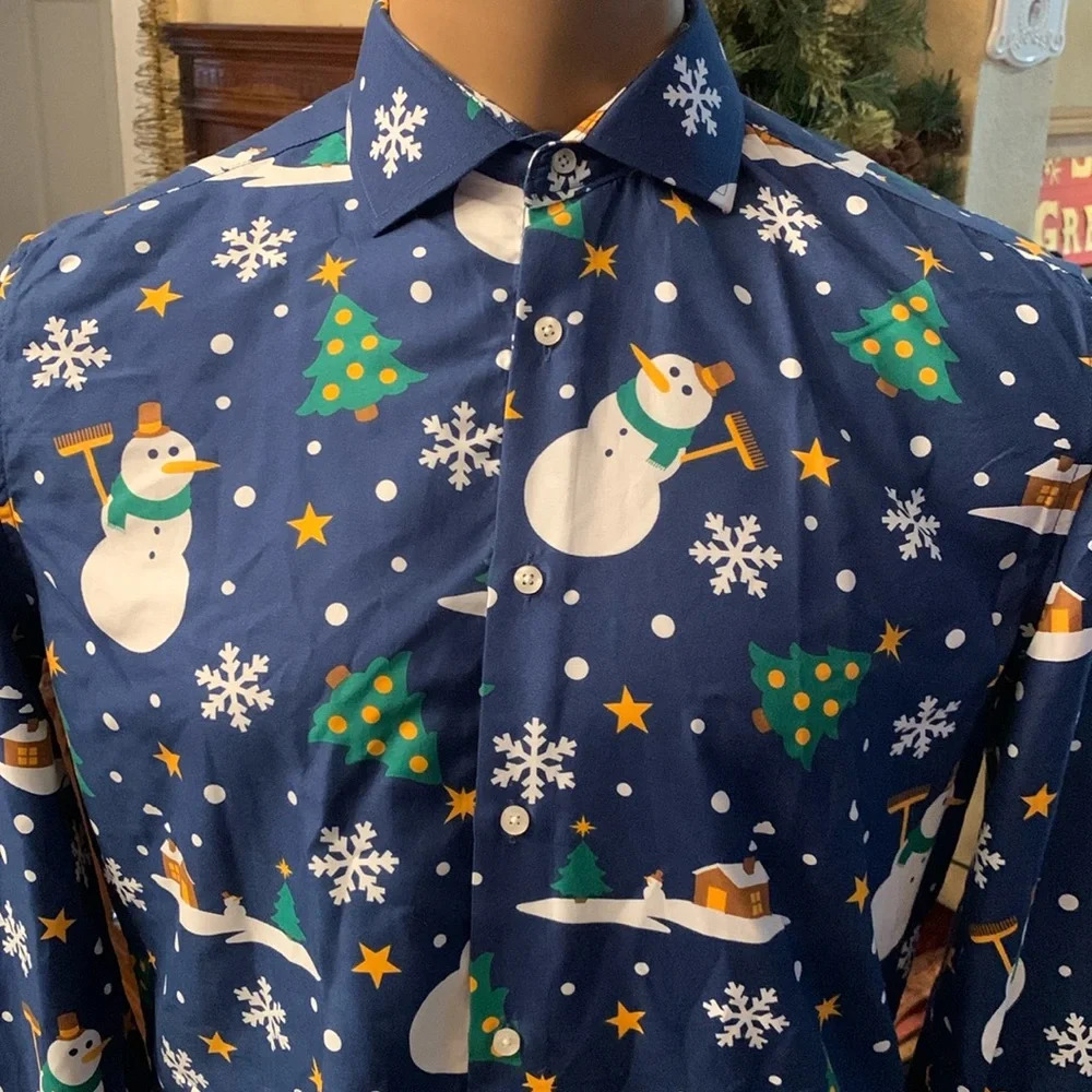 SuitMeister Snowman Holiday Christmas Button Up Dress Shirt NEW Medium